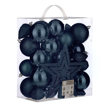 39x pcs plastic christmas baubles/ornaments with star tree topper dark blue