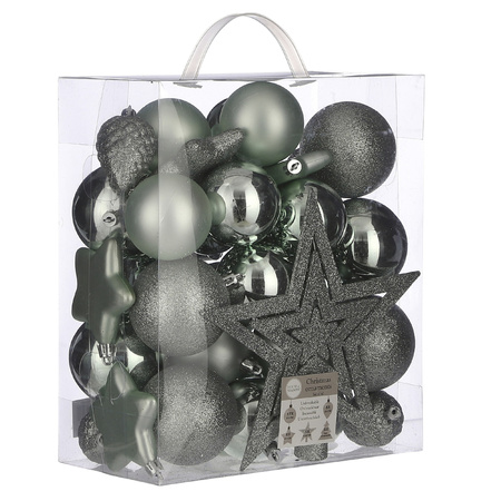 39x pcs plastic christmas baubles/ornaments with star tree topper green
