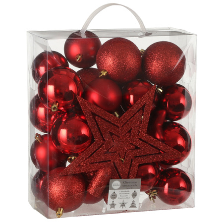39x pcs plastic christmas baubles/ornaments with star tree topper red