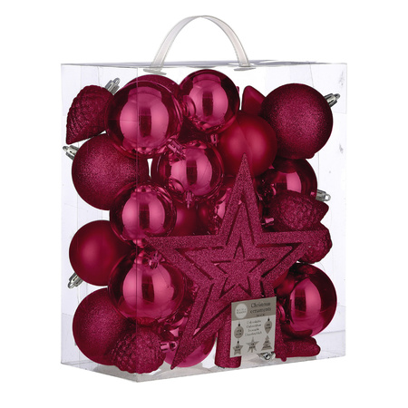 39x pcs plastic christmas baubles/ornaments with star tree topper pink