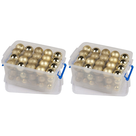 3x Bewaarboxen/opbergboxen met 70 gouden kunststof kerstballen