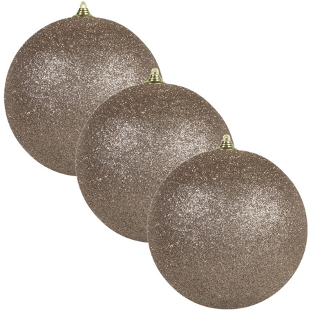 3x Champagne grote kerstballen met glitter kunststof 13,5 cm