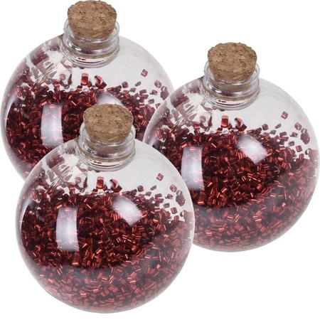 3x Bottle Christmas baubles red glitters 8 cm plastic