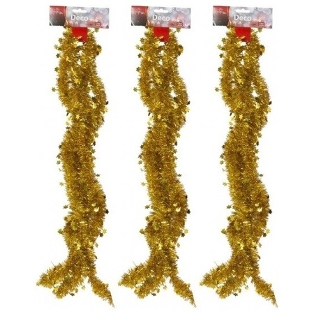 3x Gold tinsel Christmas garlands with stars 270 cm
