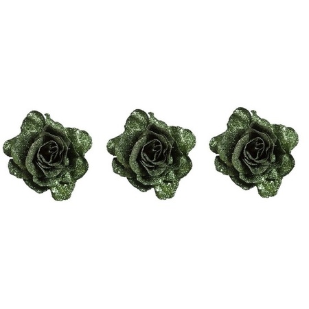 3x Green rose with glitter on clip 10 cm