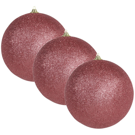 3x Large coral red glitter baubles 18 cm