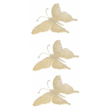 3x Kerst decoratie vlinder creme glitter