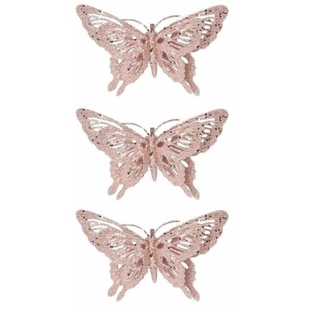 3x Kerst decoratie vlinder roze 15 x 11 cm
