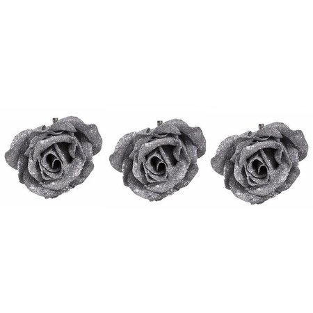 3x Christmas tree decoration rose silver on clip 9 cm