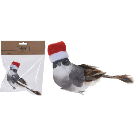 3x Kerstboomversiering grijze vogels met kerstmuts op clip 12 cm