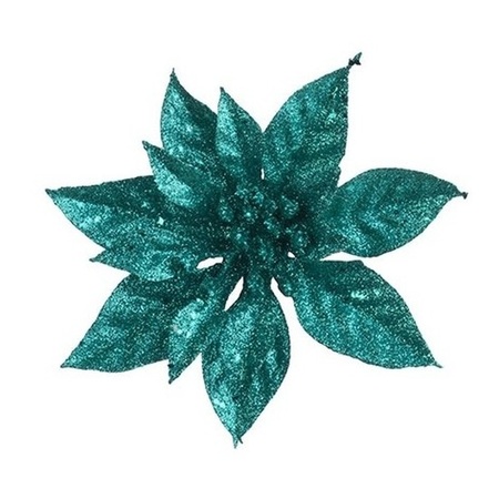 3x Christmas tree deco emerald glitter poinsettia on clip 15 cm