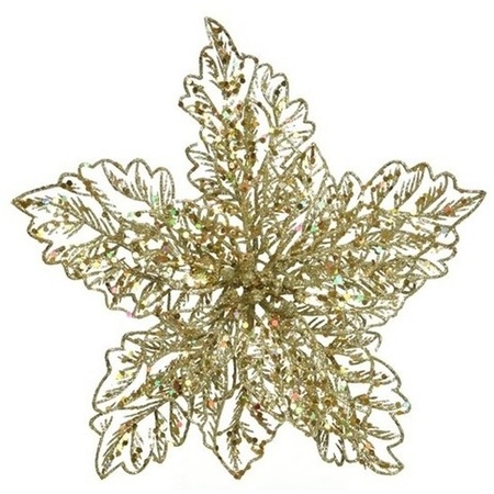 3x Christmas deco golden glitter poinsettia on clip 23 x 10 cm