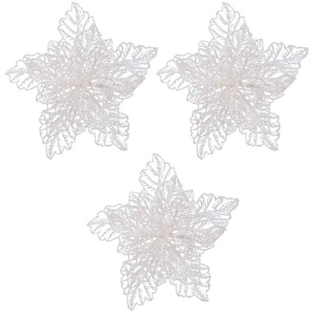 3x Christmas tree deco white glitter poinsettia on clip 23 cm