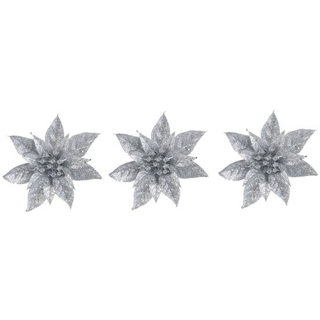 3x Kerstboomversiering op clip zilveren glitter bloem 15 cm