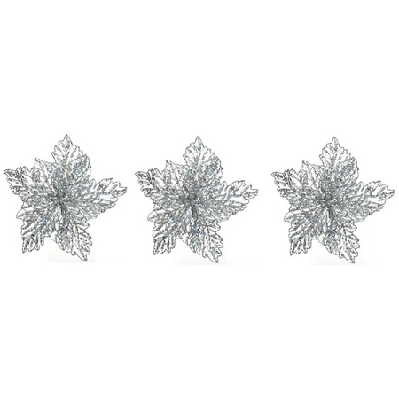 3x Christmas deco silver glitter poinsettia on clip 23 x 10 cm