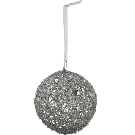 3x Kersthanger linnen zilveren Kerstbal 15 cm