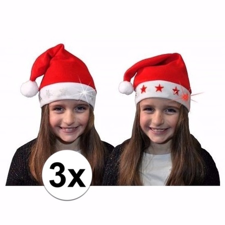 3x Kerstmuts met rode sterren en lichtjes voor kinderen