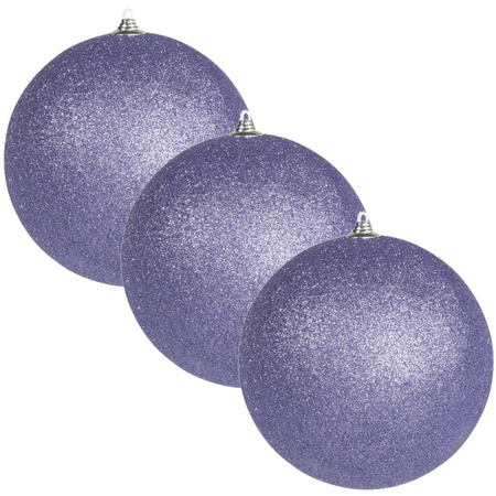 3x Paarse grote kerstballen met glitter kunststof 13,5 cm