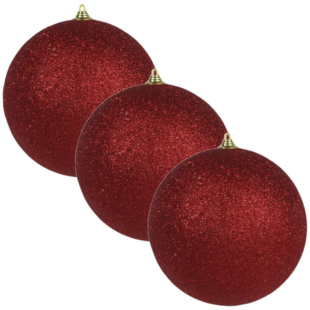 3x Rode grote kerstballen met glitter kunststof 13,5 cm