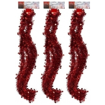 3x Red tinsel Christmas garlands with stars 270 cm