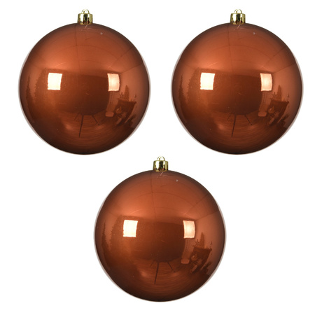 3x stuks grote kunststof kerstballen terra bruin 14 cm glans