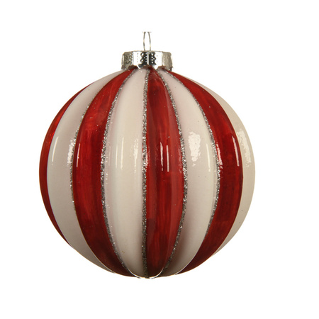 3x Luxury glass christmas baublesred/white striped with glitter 8 cm