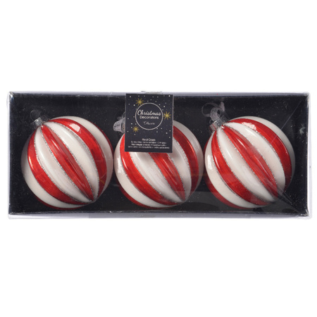 3x Luxury glass christmas baublesred/white striped with glitter 8 cm