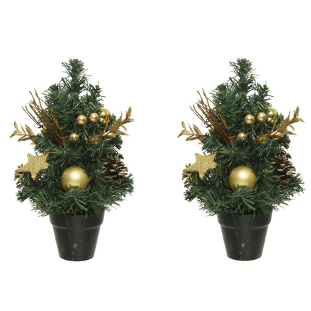 3x stuks mini kunst kerstbomen/kunstbomen met gouden versiering 30 cm