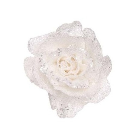 3x stuks witte rozen met glitters op clip 10 cm - kerstversiering