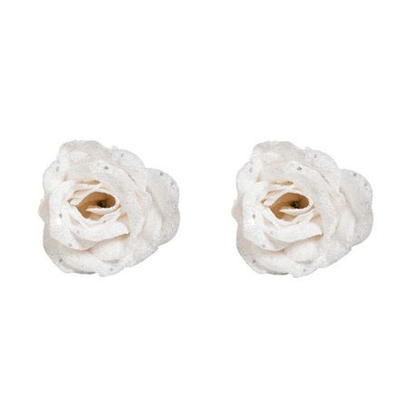 3x pieces white roses with glitter on clip 7 cm
