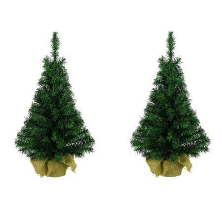 3x Volle mini kunst kerstboompjes/kunstboompjes in jute zak 35 cm 