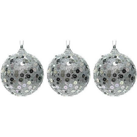 3x Zilveren glitter/pailletten kerstballen 8 cm kunststof