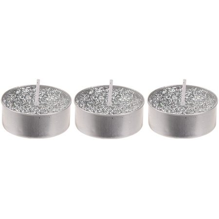3x Zilveren glitter waxinelichtjes/theelichtjes 6 cm