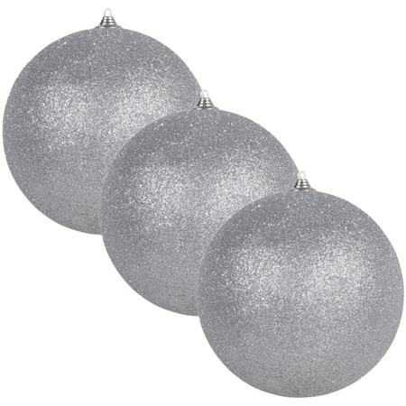 3x Zilveren grote kerstballen met glitter kunststof 13,5 cm