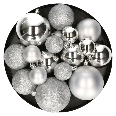 46x pcs plastic christmas baubles silver 4, 6, 8 cm.