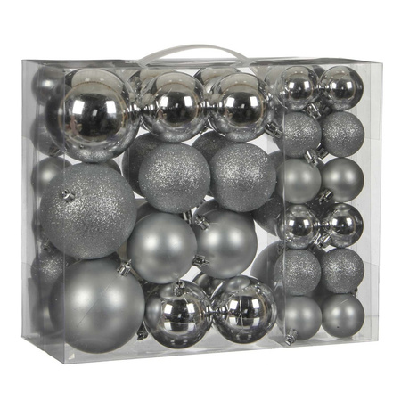 46x pcs plastic christmas baubles silver 4, 6, 8 cm.