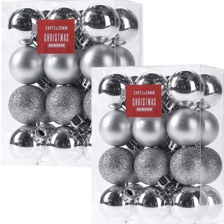 48x Zilveren kerstballen 3 cm kunststof mat/glans/glitter