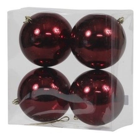 4x Burgundy red Christmas baubles shiny 12 cm plastic