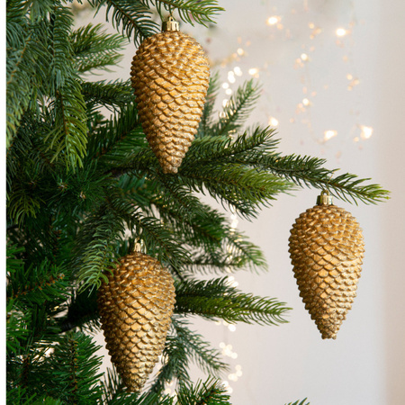 4x Gold pinecones Christmas baubles 12 cm plastic glitter