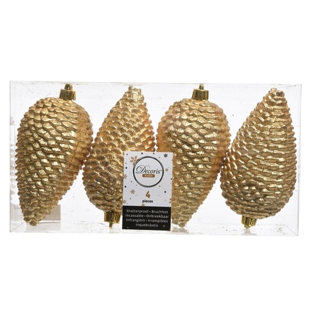 4x Gold pinecones Christmas baubles 12 cm plastic glitter