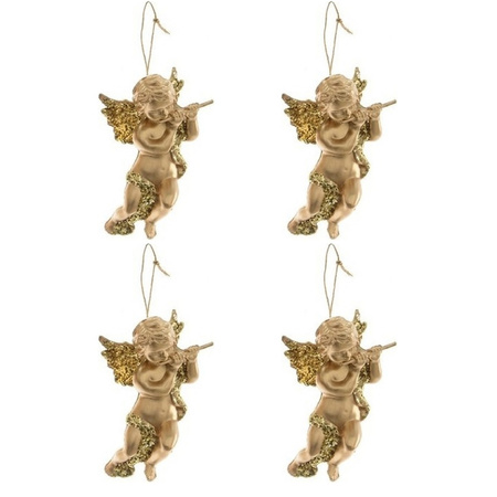 4x Gold angel with flute Christmas tree decoration 10 cm