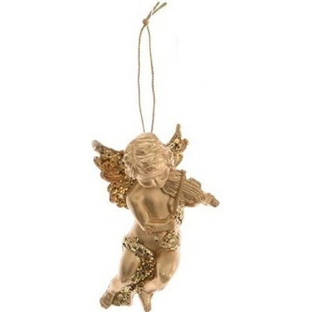 4x Gold angels with violin Christmas tree decoration 10 cm