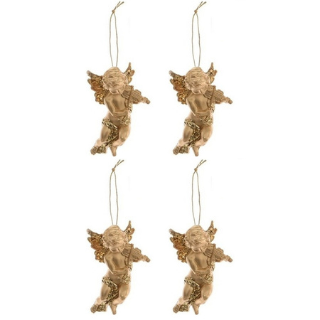 4x Gold angels with violin Christmas tree decoration 10 cm