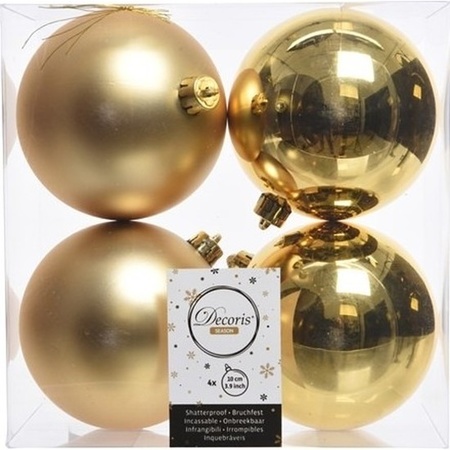 4x Gold Christmas baubles 10 cm plastic matte/shiny