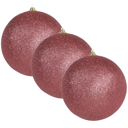 4x Large coral red glitter baubles 13,5 cm