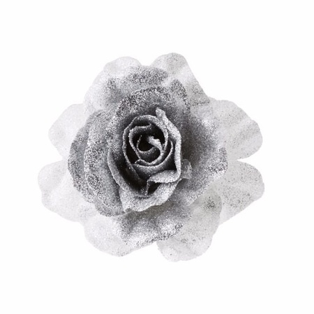 4x Kerstboomversiering bloem op clip zilver/wit kerstbloem 18 cm