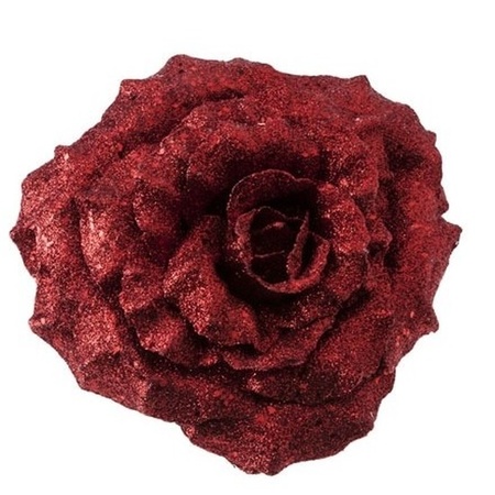 4x Kerstboomversiering bloemen op clip rode glitter roos 18 cm