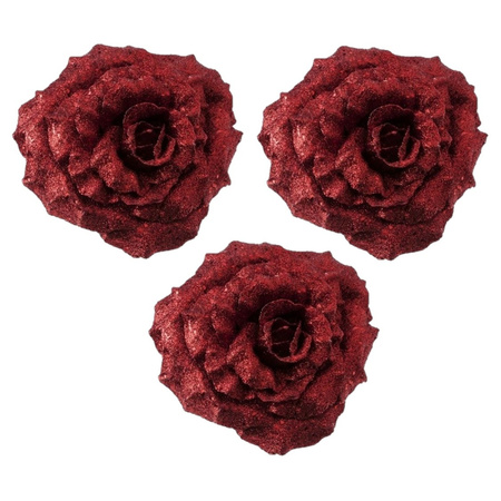 4x Christmas tree deco red glitter roses on clip 18 cm