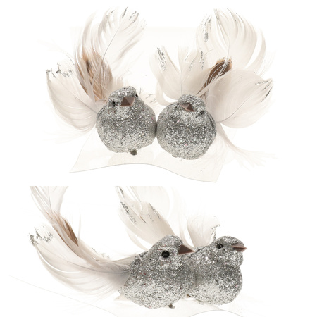 4x Kerstboomversiering glitter zilver vogeltje op clip 10 cm