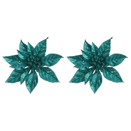 4x Christmas tree deco emerald glitter poinsettia on clip 15 cm
